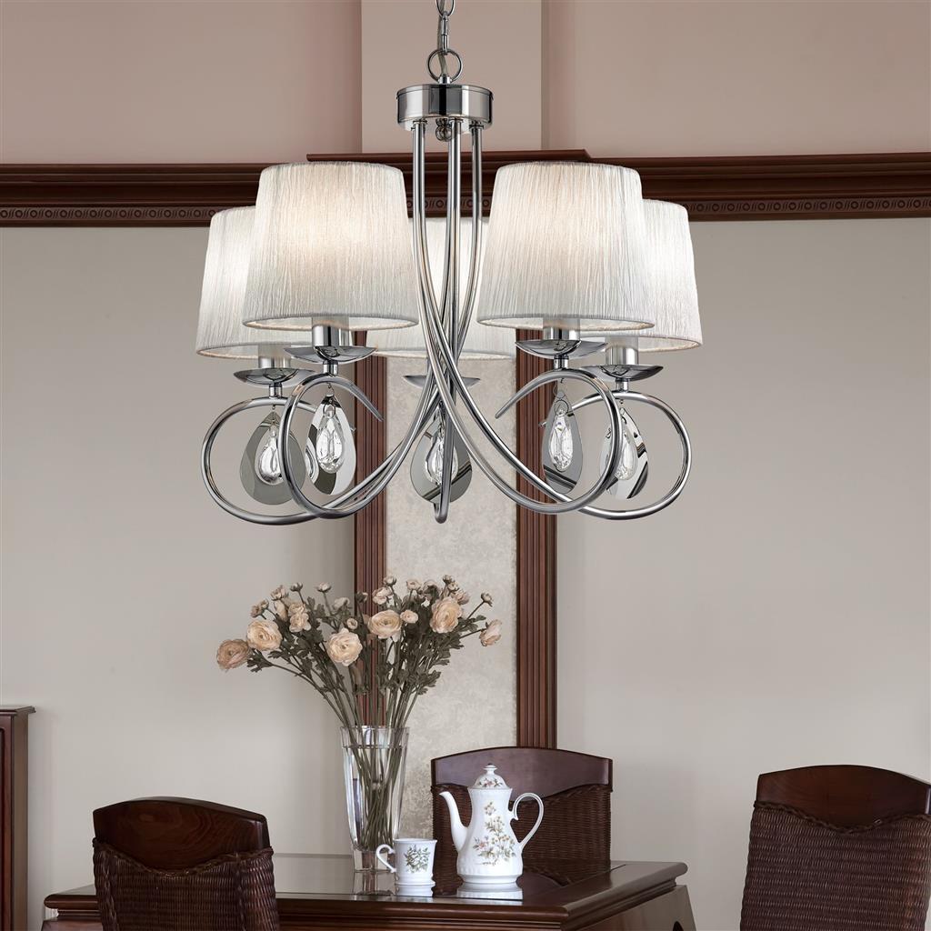 Angelique 5Lt Multi-Arm Pendant - Chrome, Clear Glass & White Fabric