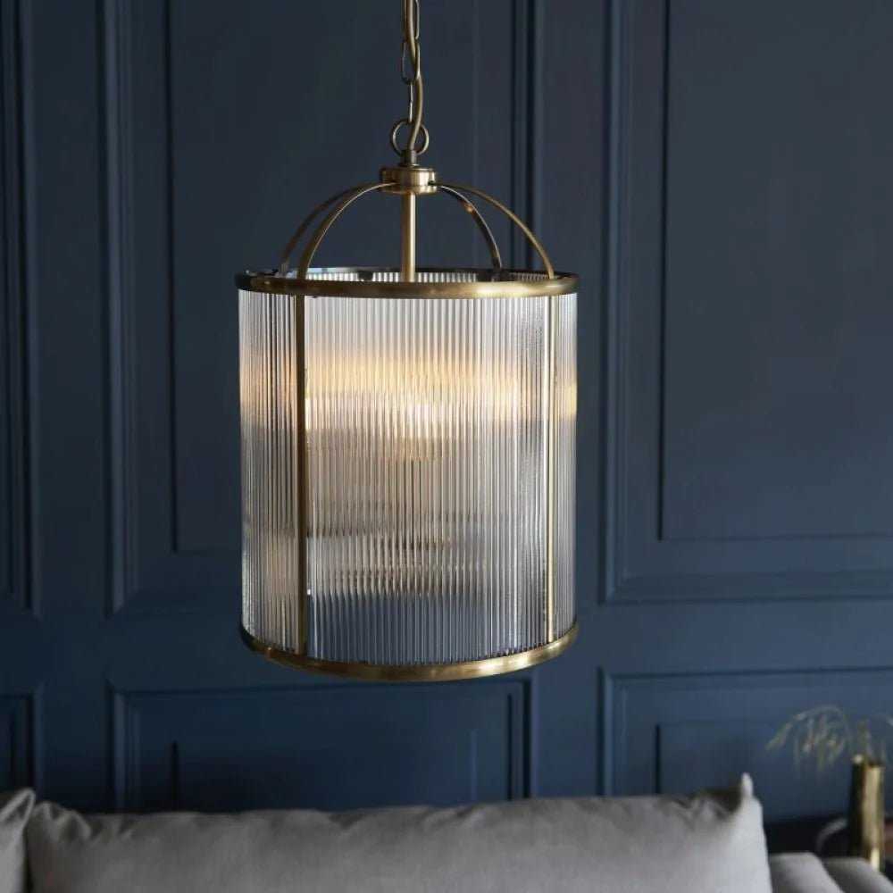 Oscar 2/4Lt Centre Ceiling Lantern - Antique Brass with Ribbed Glass