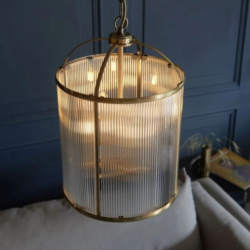 Oscar 2/4Lt Centre Ceiling Lantern - Antique Brass with Ribbed Glass