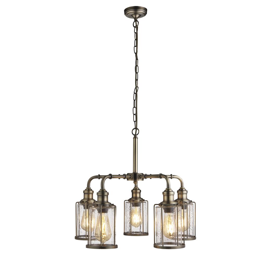 Pipes  5Lt Multi-Arm Pendant - Antique Brass Metal & Seeded Glass