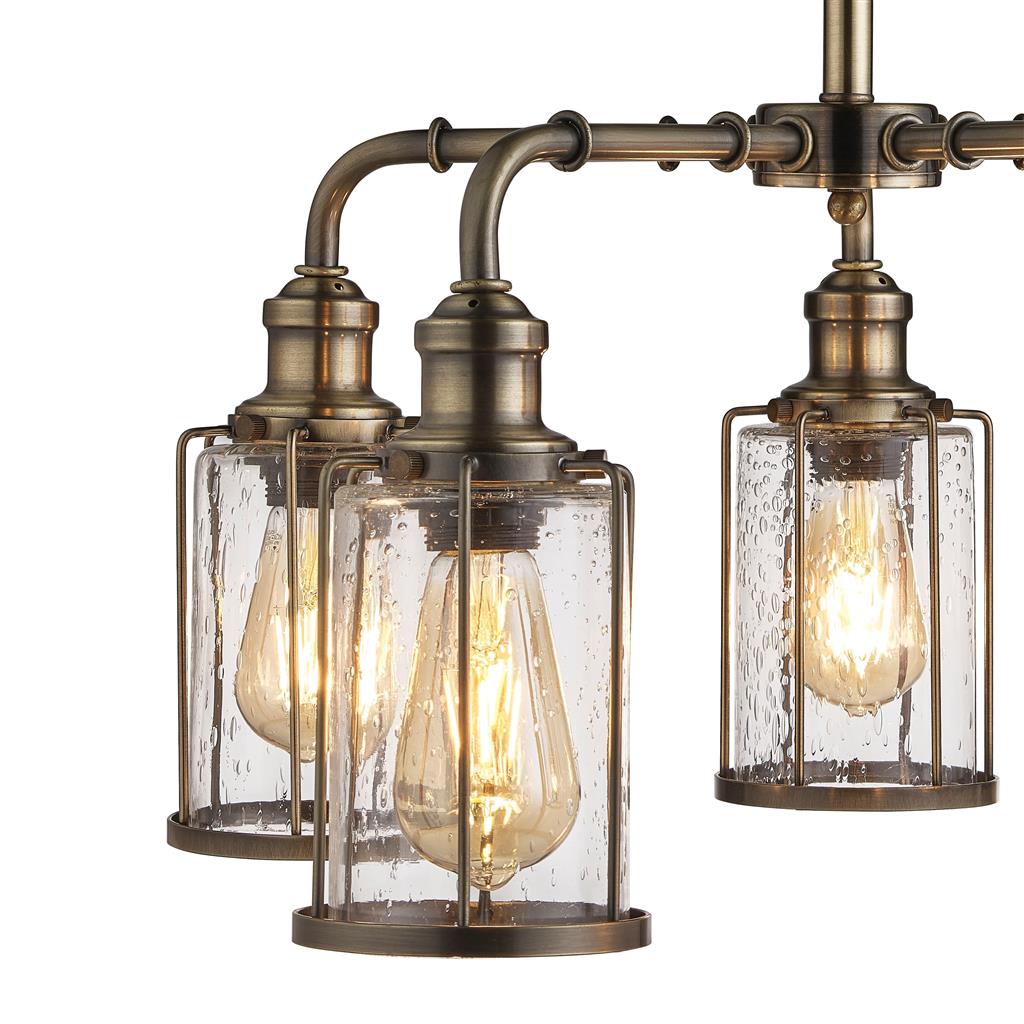 Pipes  5Lt Multi-Arm Pendant - Antique Brass Metal & Seeded Glass
