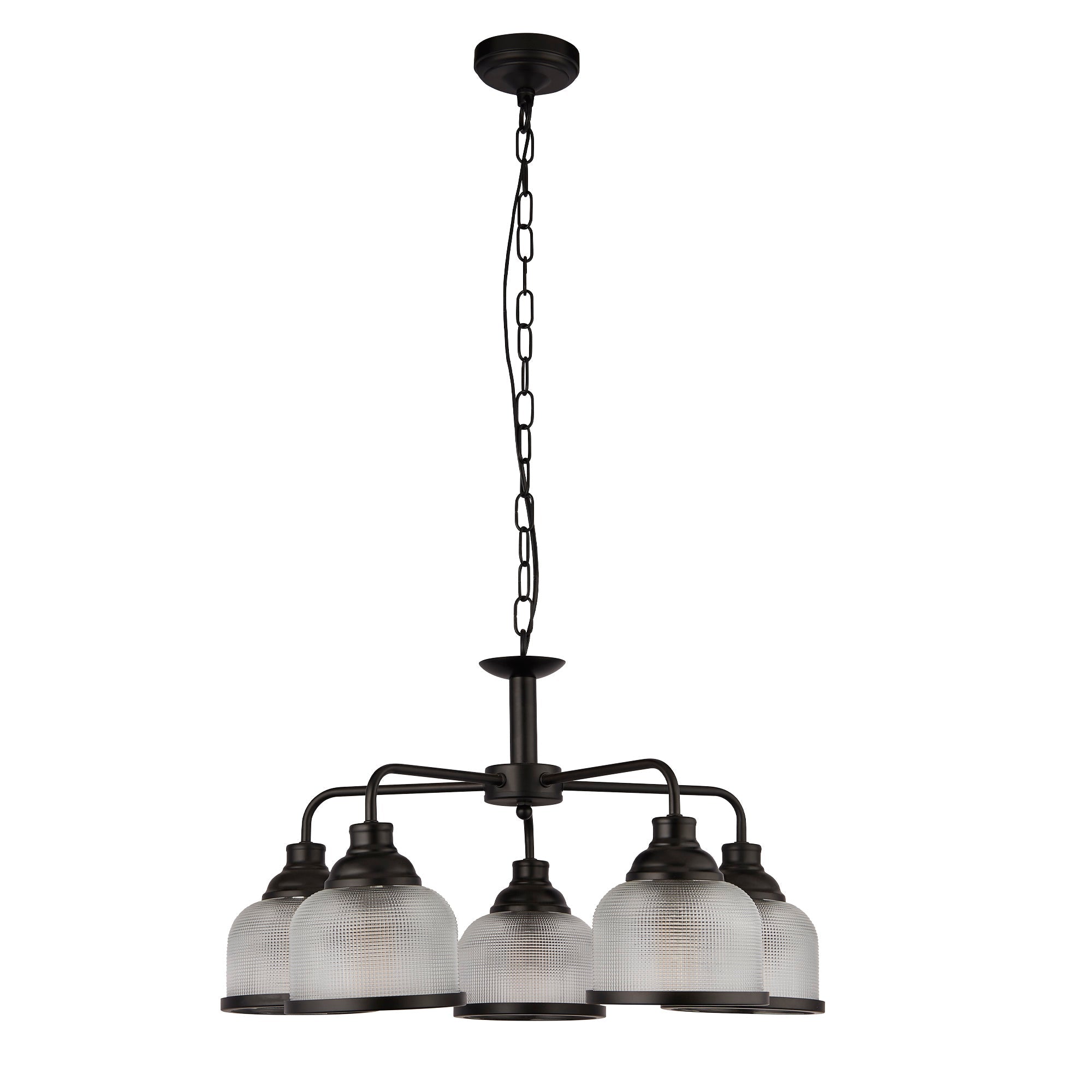 Highworth 3/5Lt Multi-Arm Pendant - Black Metal & Holophane Style Glass