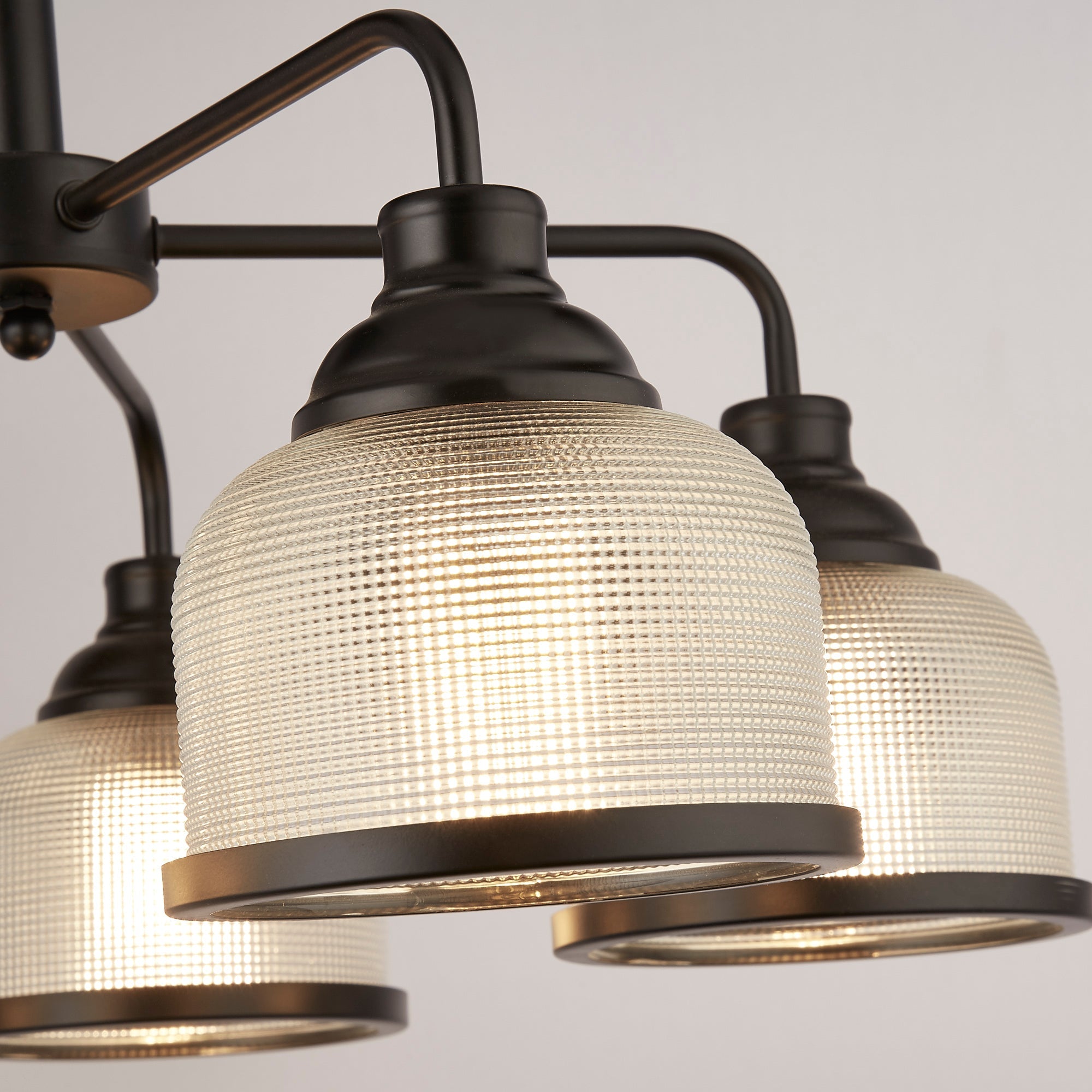 Highworth 3/5Lt Multi-Arm Pendant - Black Metal & Holophane Style Glass