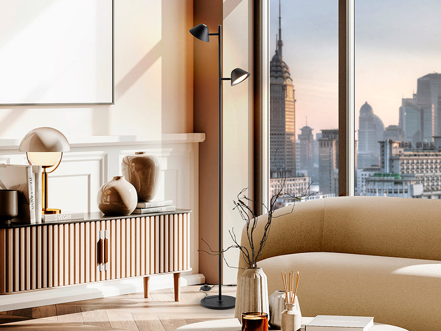 Taros 2Lt Floor Lamp- Black/ White Finish