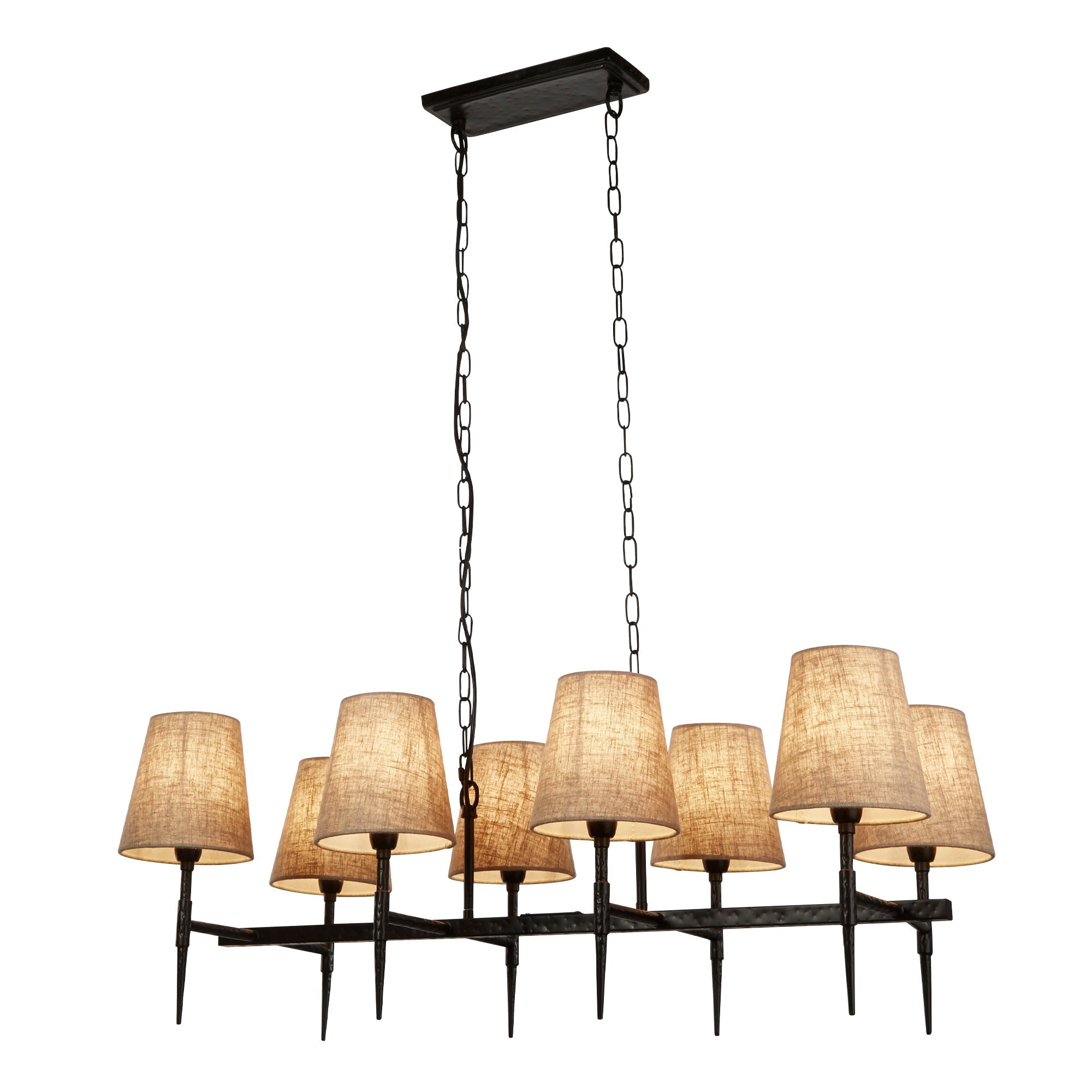 Gothic 8lt Bar Pendant, Adjustable Height, Dimmable- Hammered Black Metal & Natural Linen