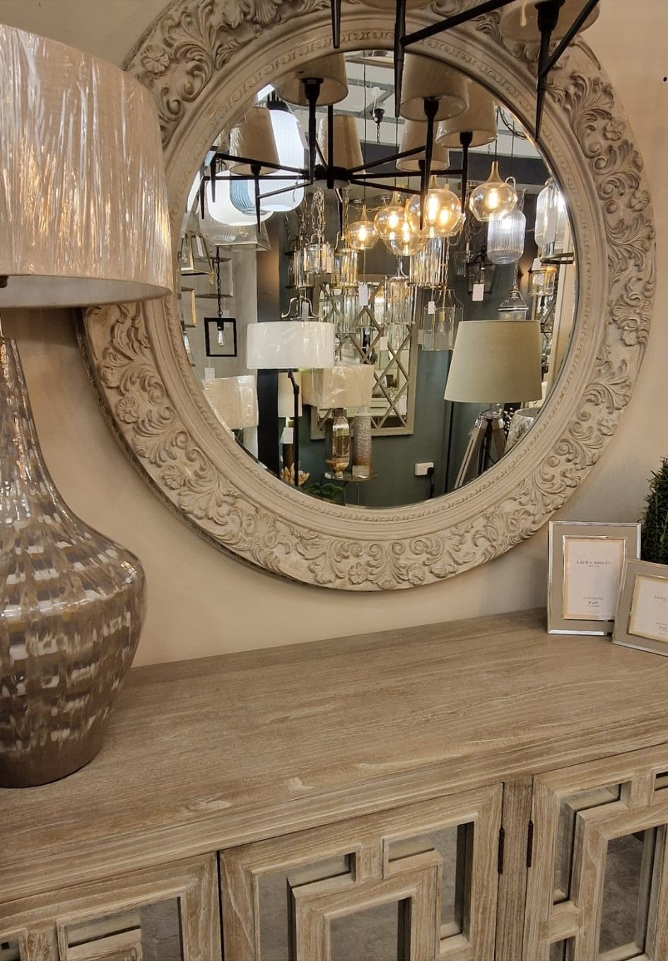 Artemis Round Leaf Scroll Distressed Mirror