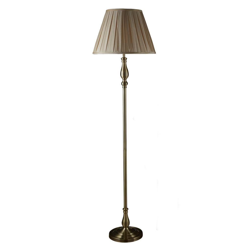 Flemish Floor Lamp- Antique Brass Metal & Grey Pleated Shade E27