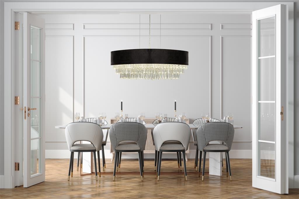 Glamour 5/8lt Adjustable, Dimmable Oval Pendant - Black Velvet & Clear Crystal