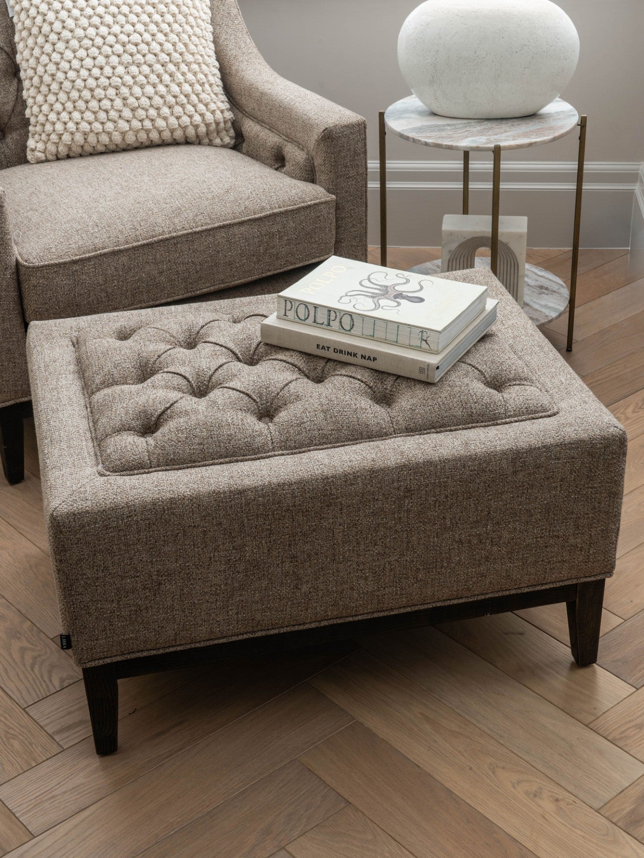 Theodore Buttoned Stool - Ivory/Warm Grey Fabric