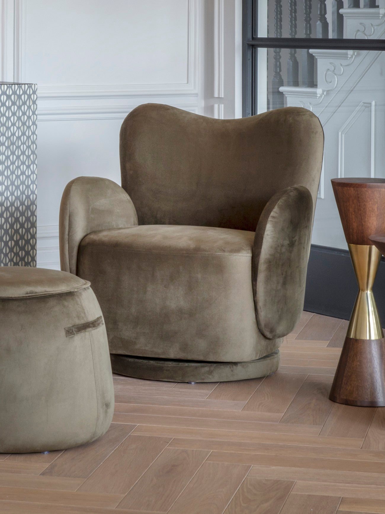 Bingham Upholstered Swivel Chair Velvet Green/ Caramel/ Pink