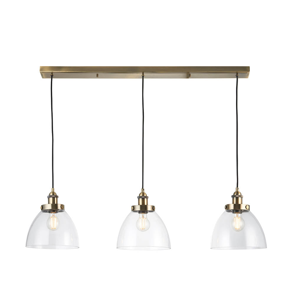 Bartley 3Lt Linear Pendant - Antique Brass & Clear Glass