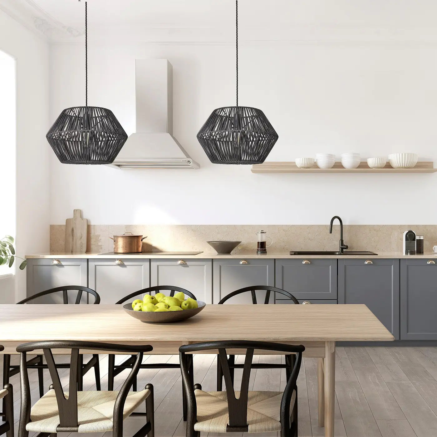 Boho Rattan Ceiling Pendant Light - 15 Inch - Hex