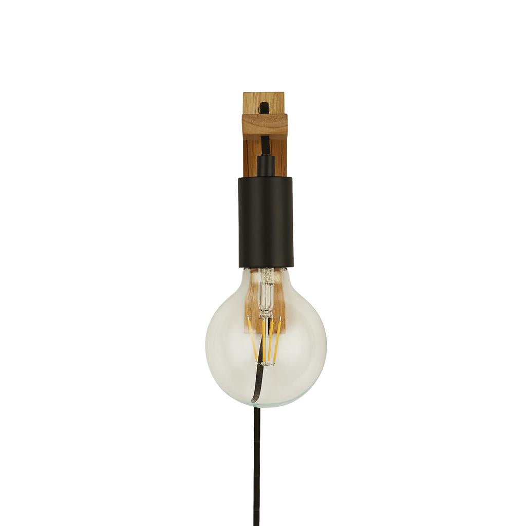 Woody Plug In Wall Light - Natural Wood & Black Metal E27