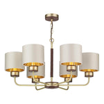 David Hunt Hunter 6 Light Multi-Arm Pendant Butter Brass With Leather Effect Complete With Limestone Linen Shades And Gold Lining