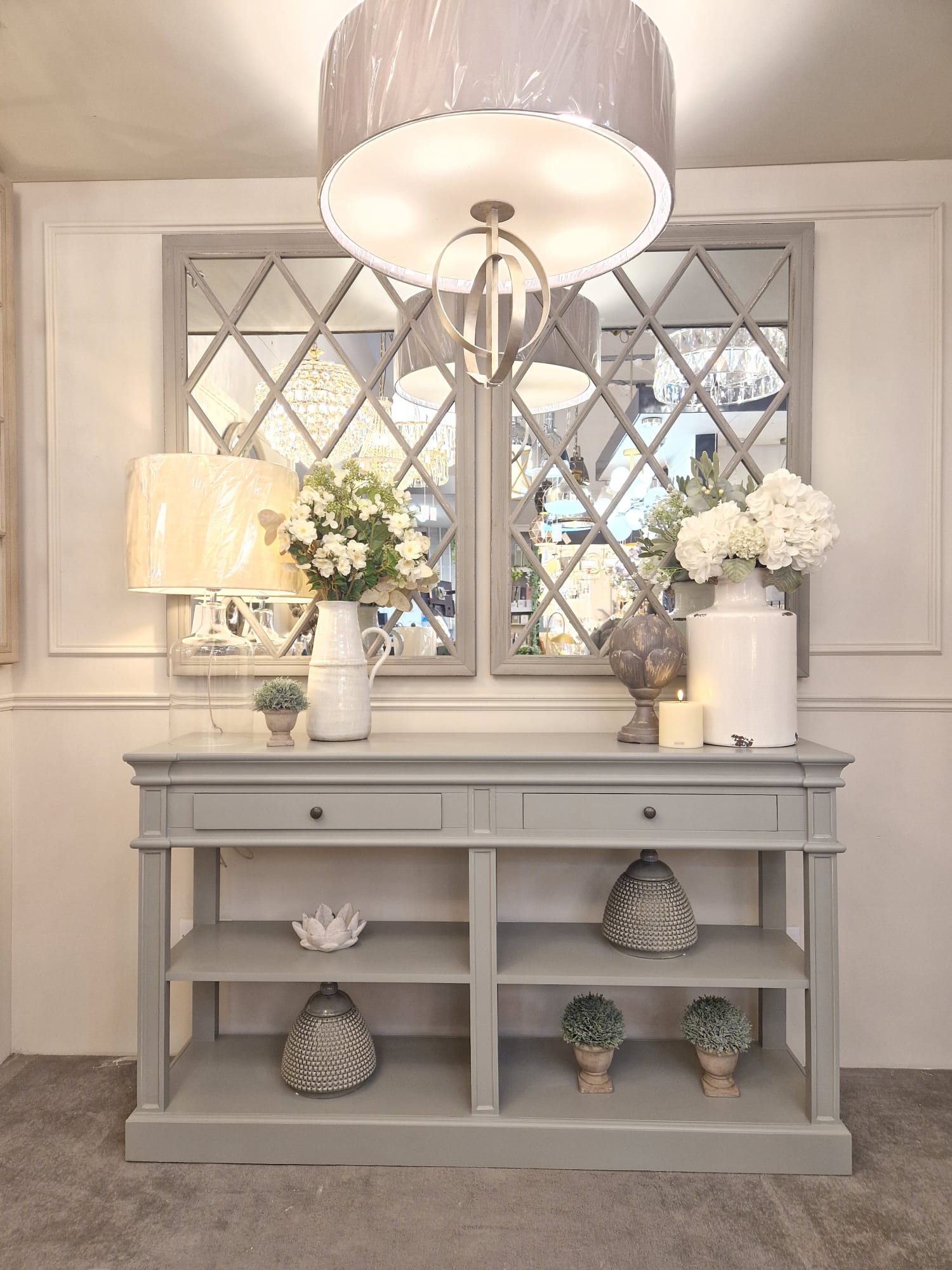 Wesley Shelf Buffet Console Table - White/Grey/Black - Cusack Lighting