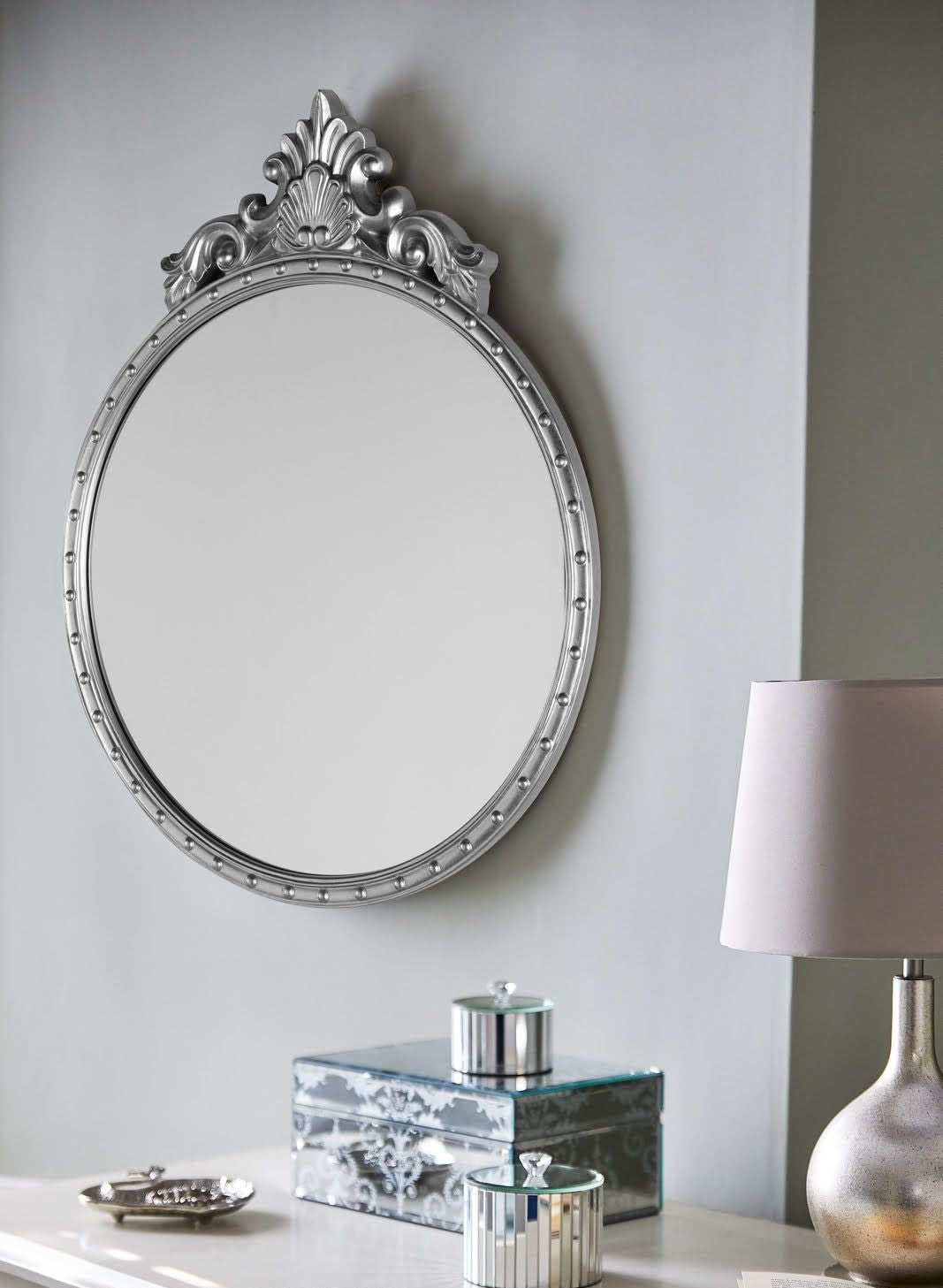 Overton Ornate Round Mirror - Silver or Champagne Frame