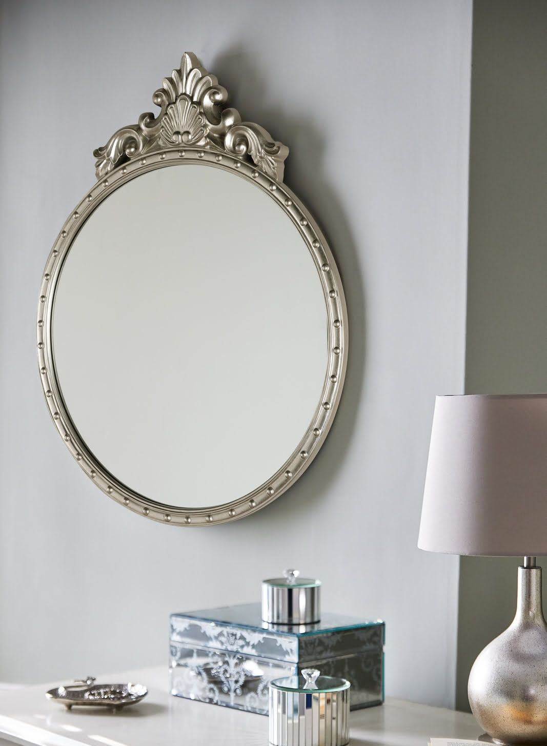 Overton Ornate Round Mirror - Silver or Champagne Frame