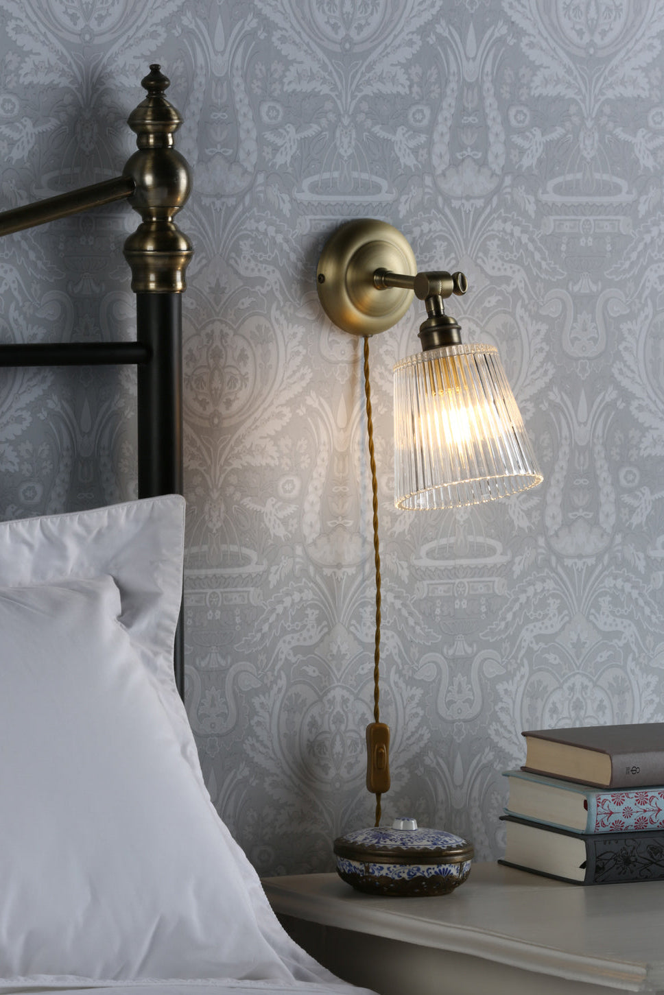 Callaghan Plugged Wall Light Polished Nickel/Antique Brass and Ribbed Glass E14