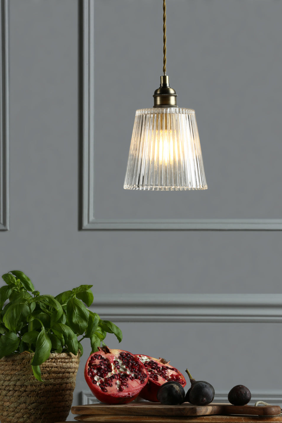 Callaghan Pendant Polished Nickel/Antique Brass and Ribbed Glass E14