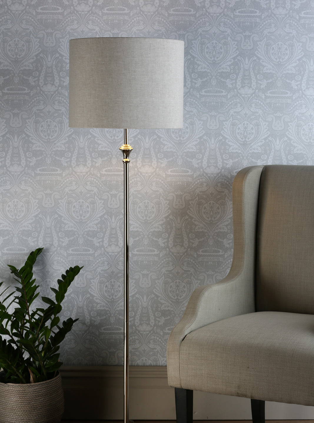 Highgrove Floor Lamp Matt Antique Brass/Polished Chrome With Shade E27