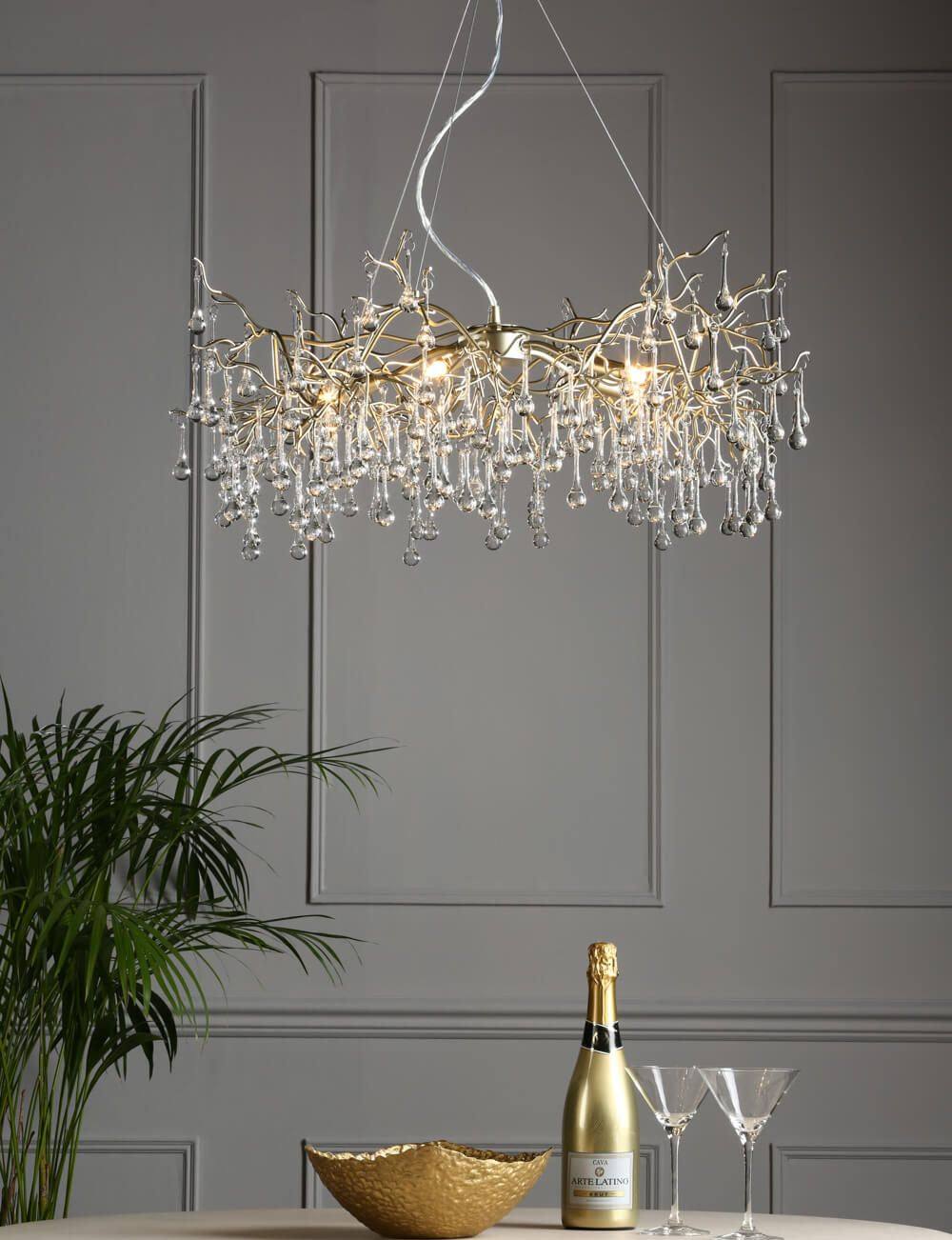 Willow 3/5 Light Pendant Satin Pewter and Crystal