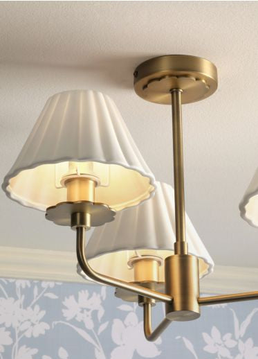 Mixbury 3 Light Semi-Flush Matt Antique Brass and White Ceramic