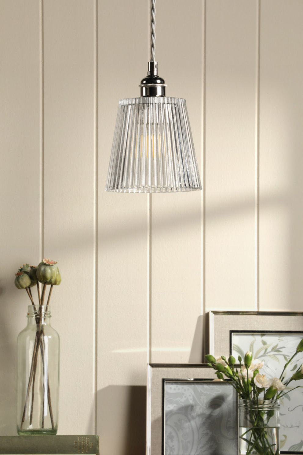 Callaghan Pendant Polished Nickel/Antique Brass and Ribbed Glass E14