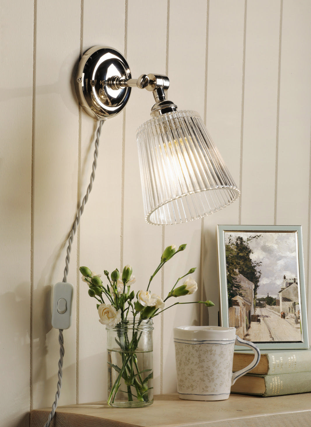 Callaghan Plugged Wall Light Polished Nickel/Antique Brass and Ribbed Glass E14