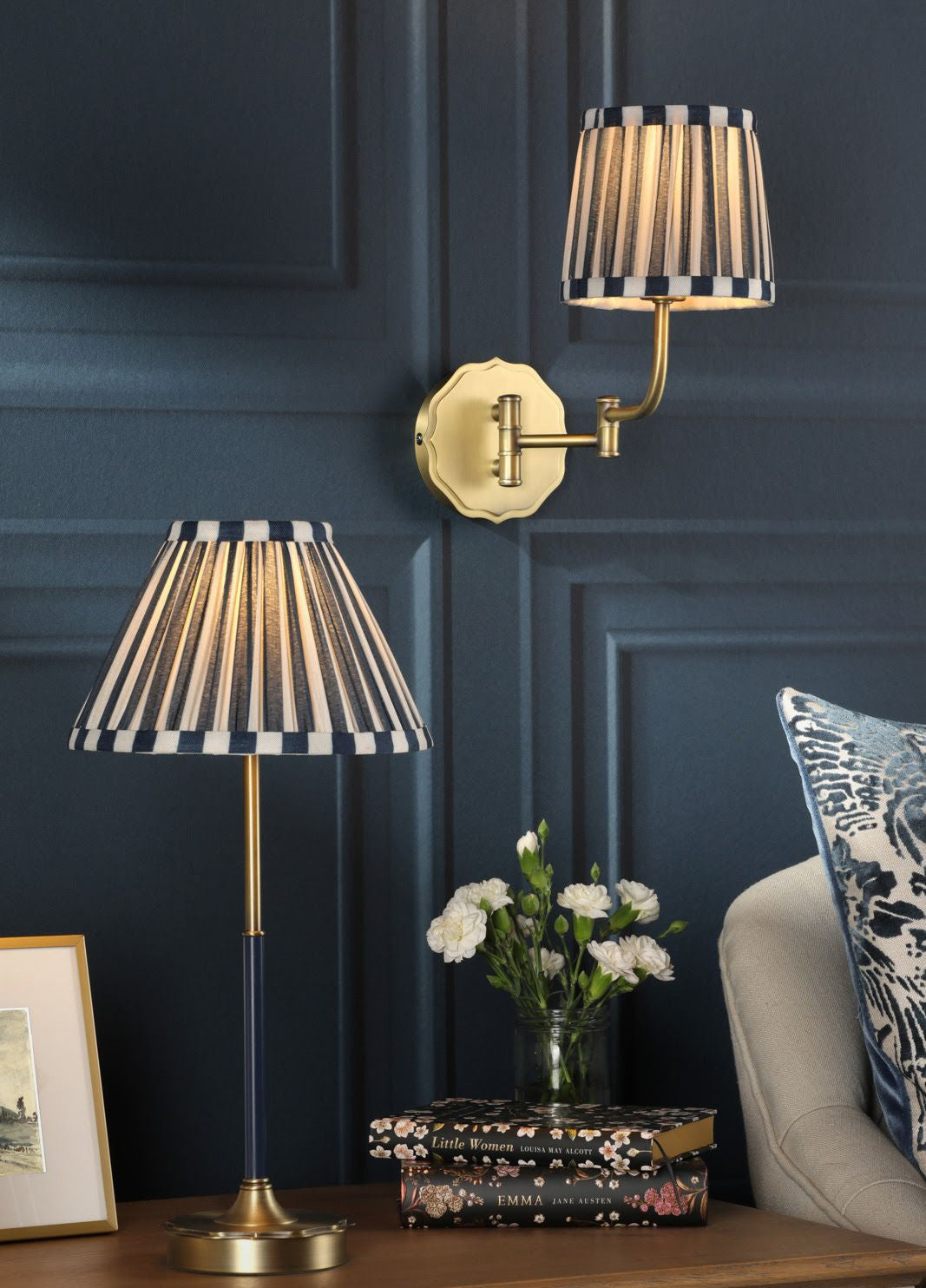 Denwick Wall Light Matt Antique Brass and Satin Blue With Shade
