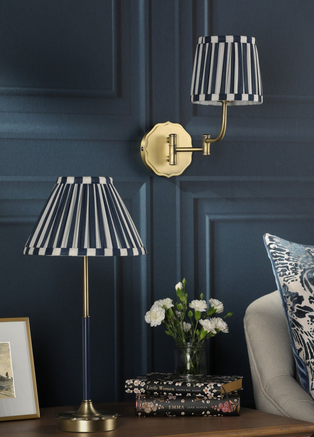 Denwick Wall Light Matt Antique Brass and Satin Blue With Shade