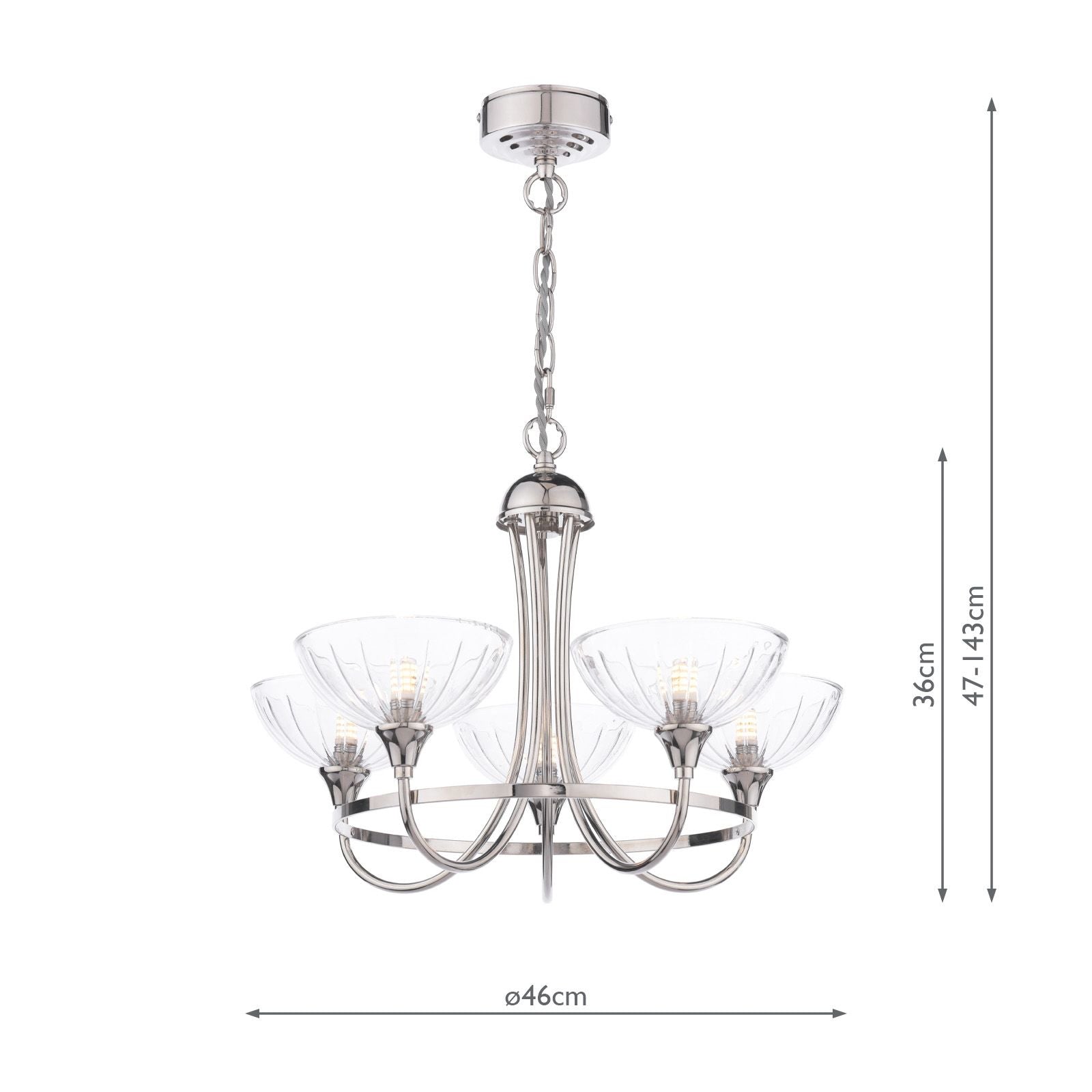 Wellham 5 Light Armed Pendant- Polished Nickel/Antique Brass and Ribbed Glass