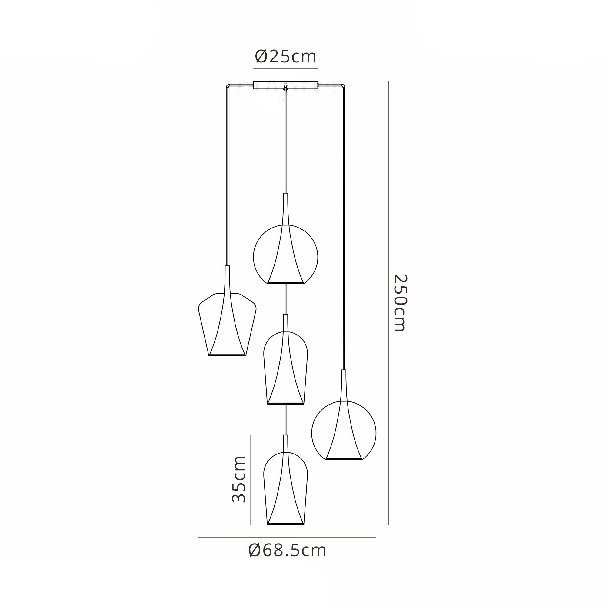 Elsa Pendant With Mixed Shades, 5 Light E27, Clear/Chrome/Bronze/Copper Glass With Frosted Inner Cone, Gold Frame