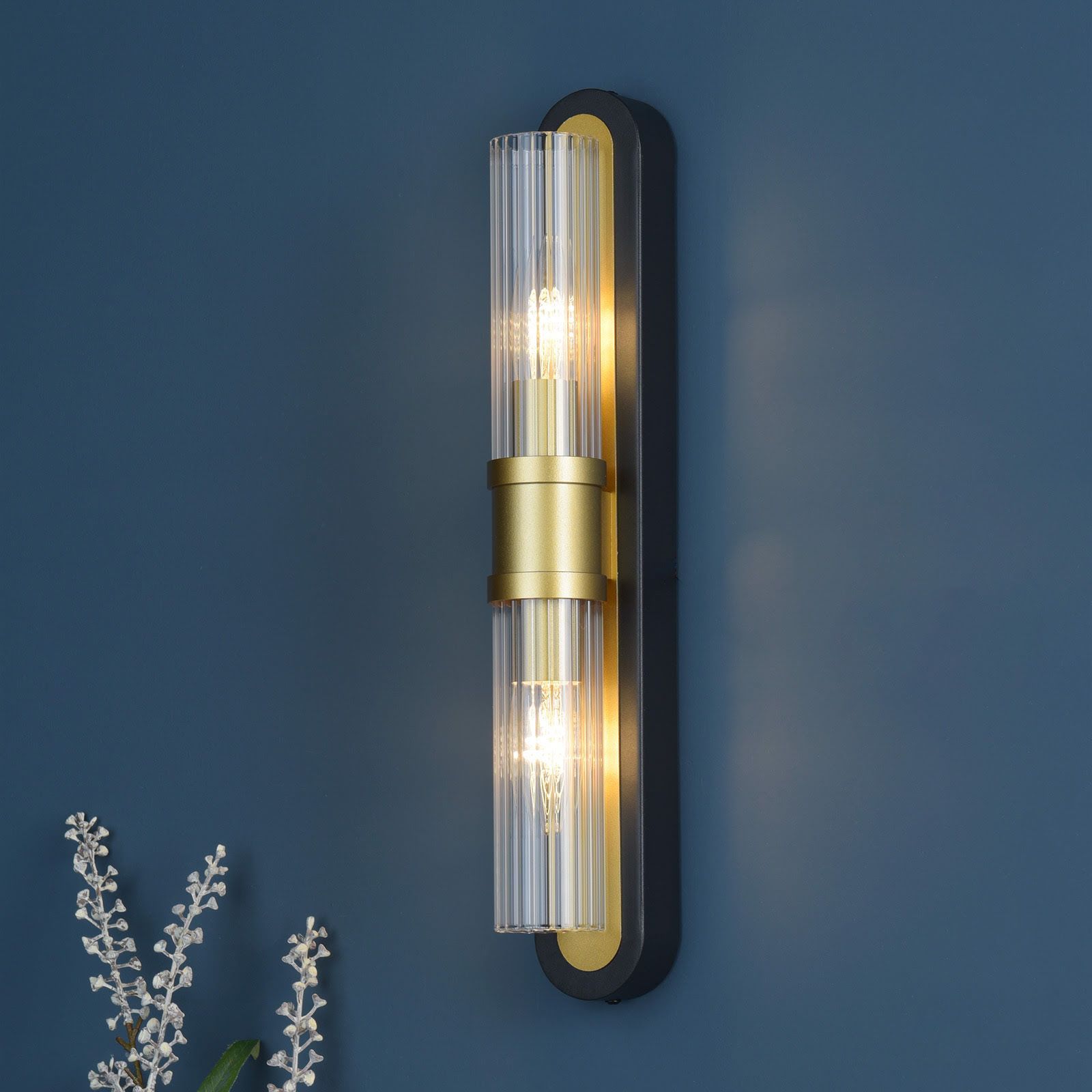 Rhian 2 Light Wall Light- Matt Black and Ribbed Glass