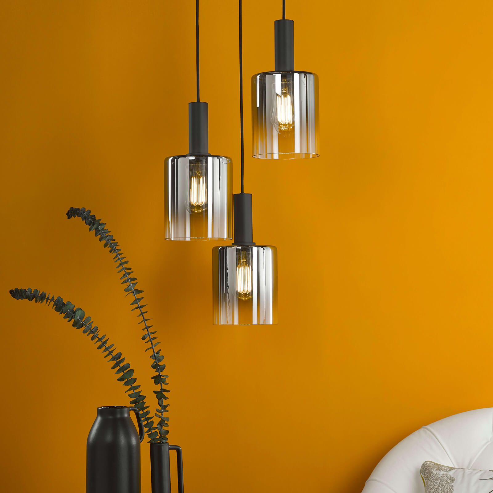 Savannah 3 Light Cluster Pendant-  Matt Black and Smoked Glass/ Satin Gold and Gold Ombre Glass