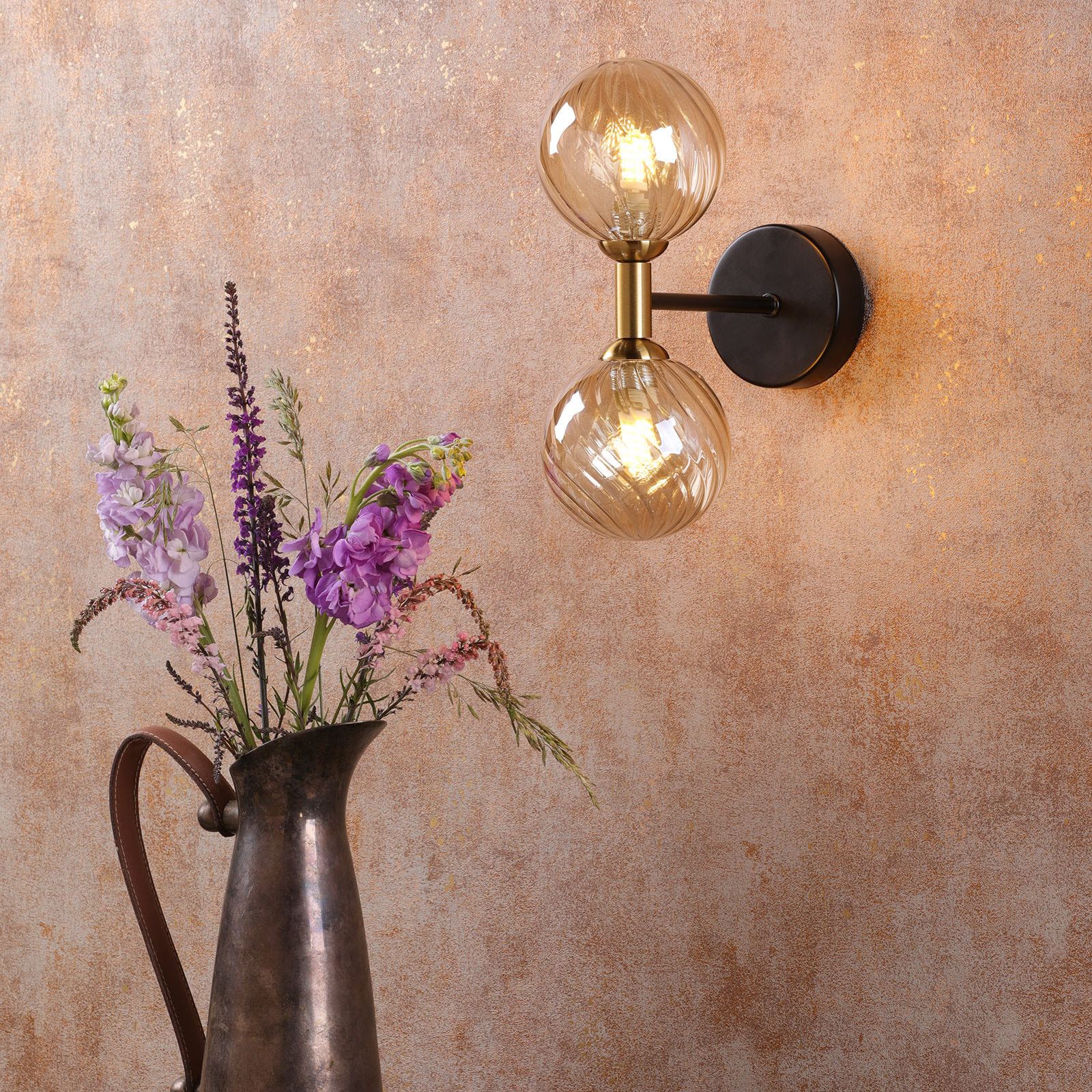 Takara 2 Light Wall Light- Matt Black and Bronze With Twisted Amber Glass