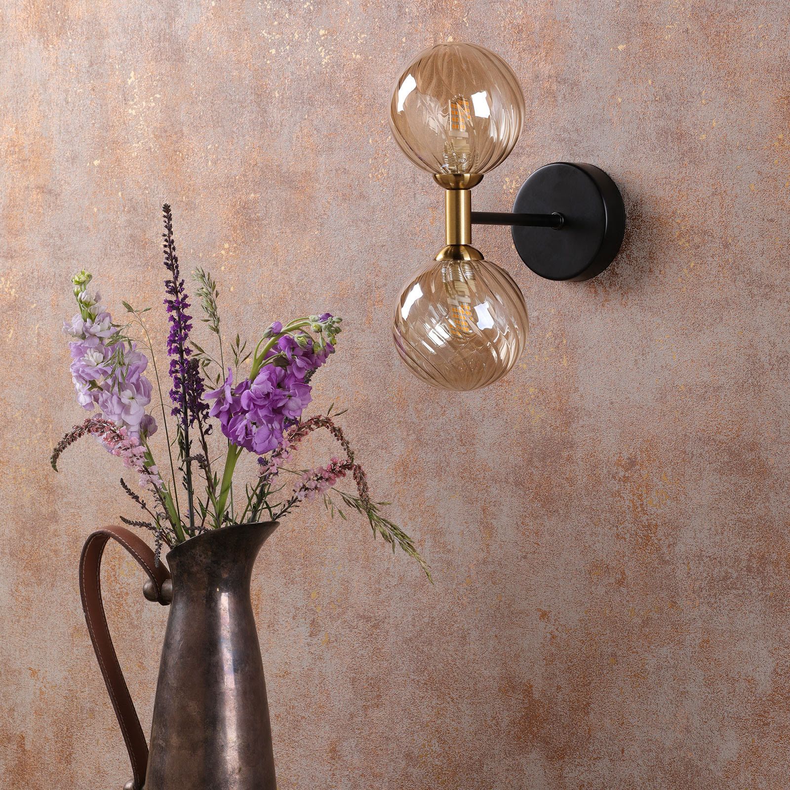Takara 2 Light Wall Light- Matt Black and Bronze With Twisted Amber Glass