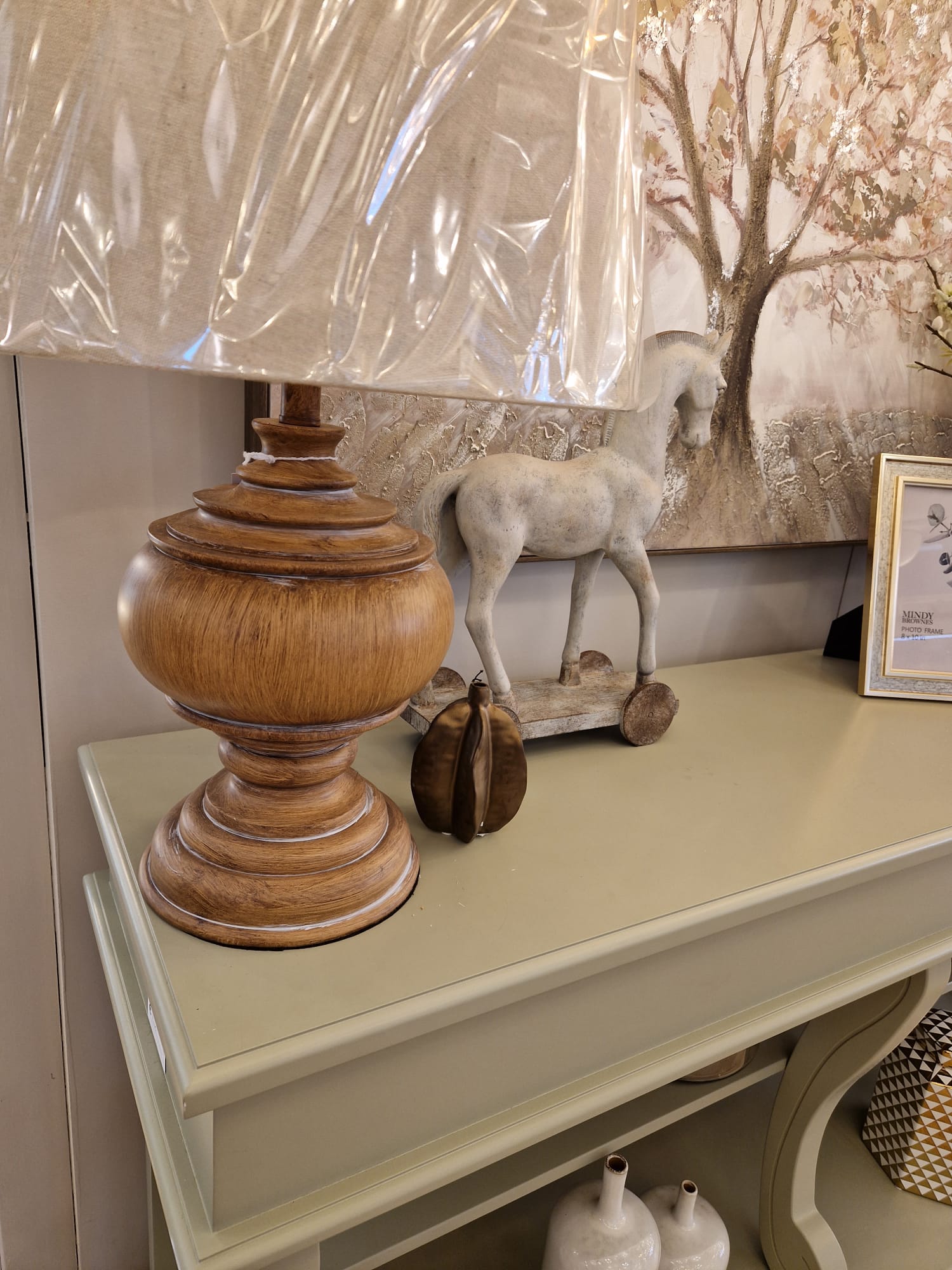 Noah Turned Wooden Table Lamp with Beige Shade