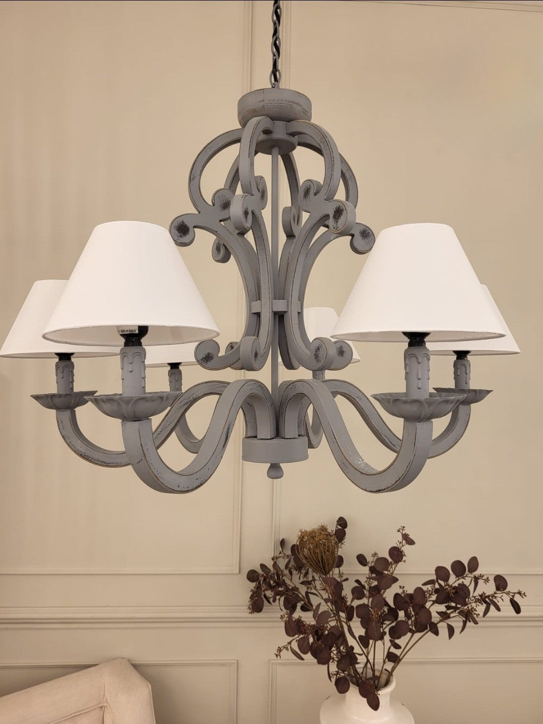 Lydia 6Lt Chandelier with Grey Shades