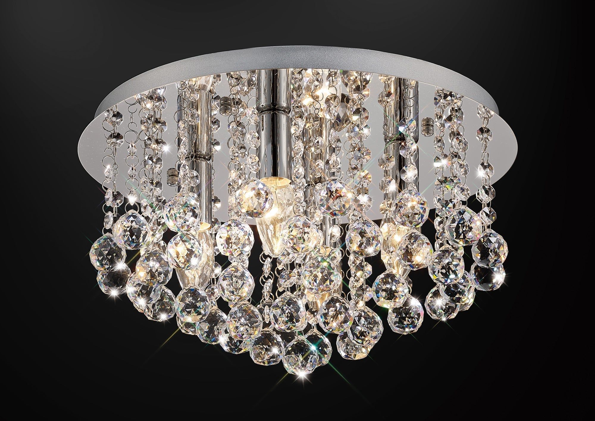 Acton Flush Ceiling 4 Light E14, 380mm Round, Polished Chrome, Antique Brass/Sphere Crystal - Cusack Lighting