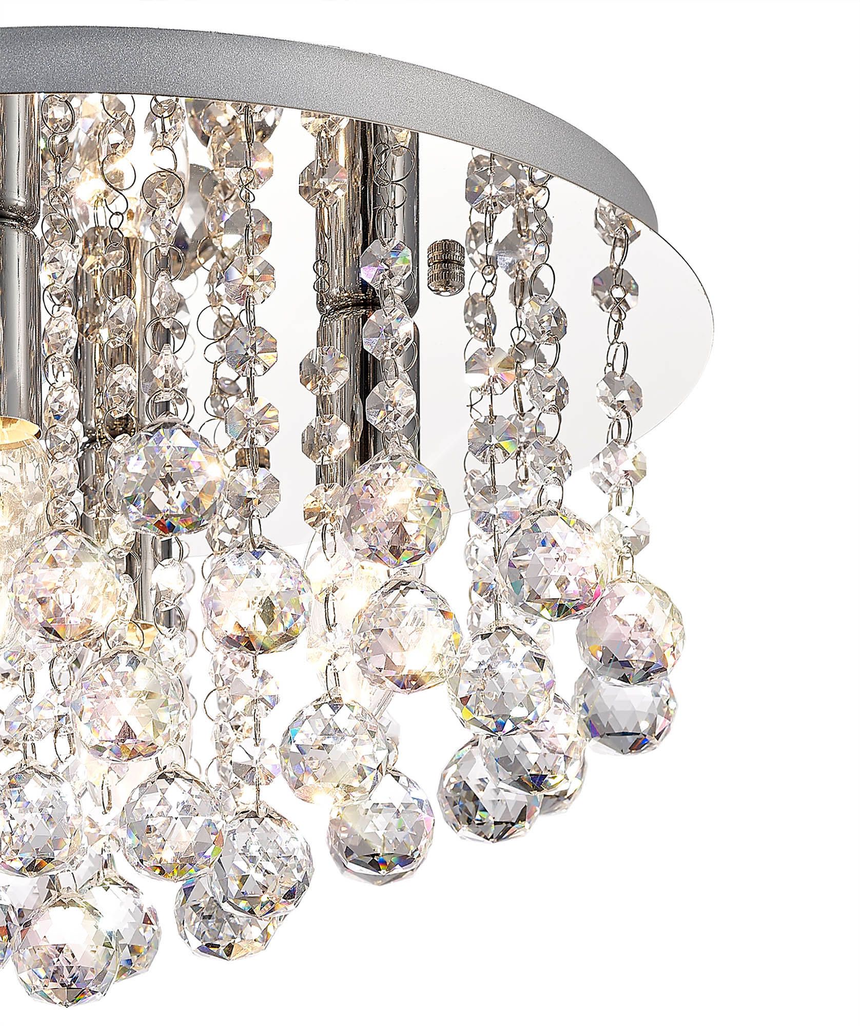 Acton Flush Ceiling 4 Light E14, 380mm Round, Polished Chrome, Antique Brass/Sphere Crystal - Cusack Lighting