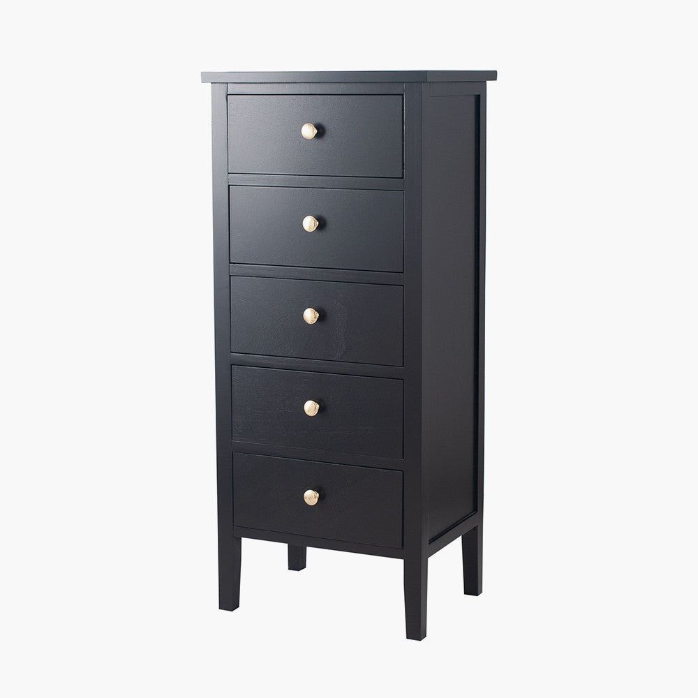 Chelmsford 5 Drawer Tall Boy - Satin Black Pine Wood Finish