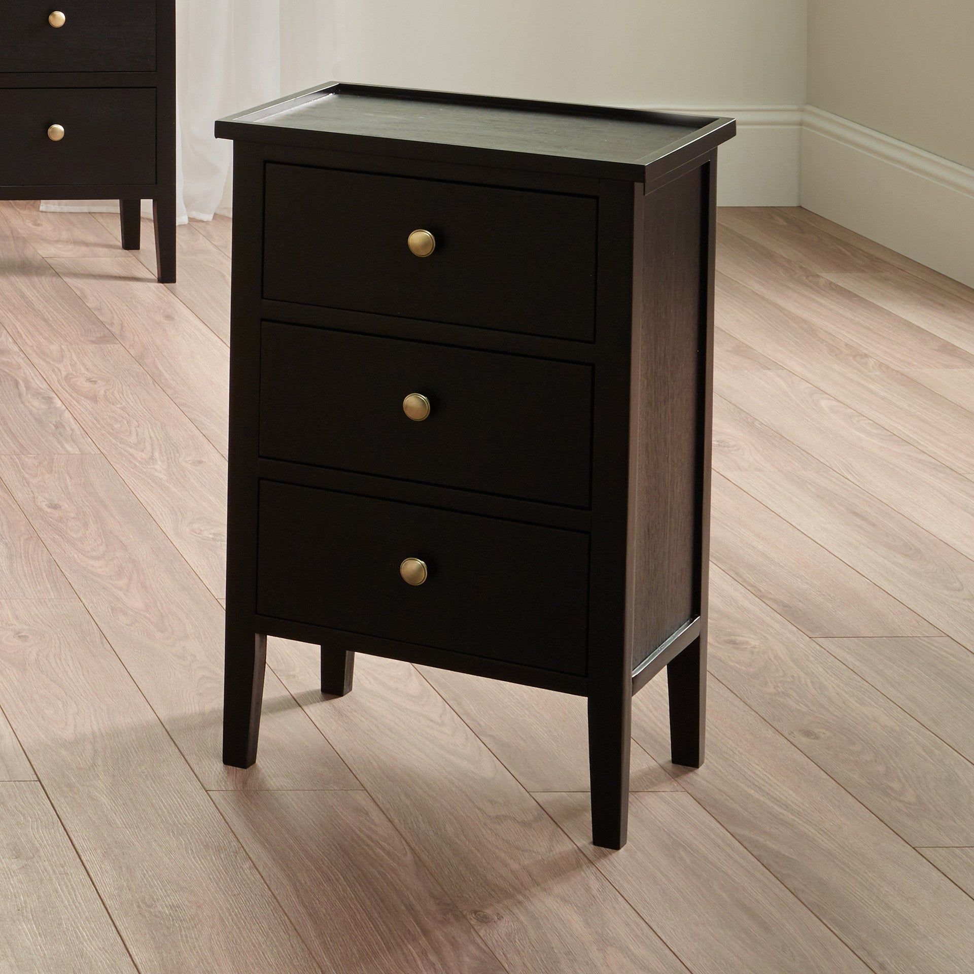 Chelmsford Pine Wood 3 Drawer Bedside Unit- Satin Black Finish