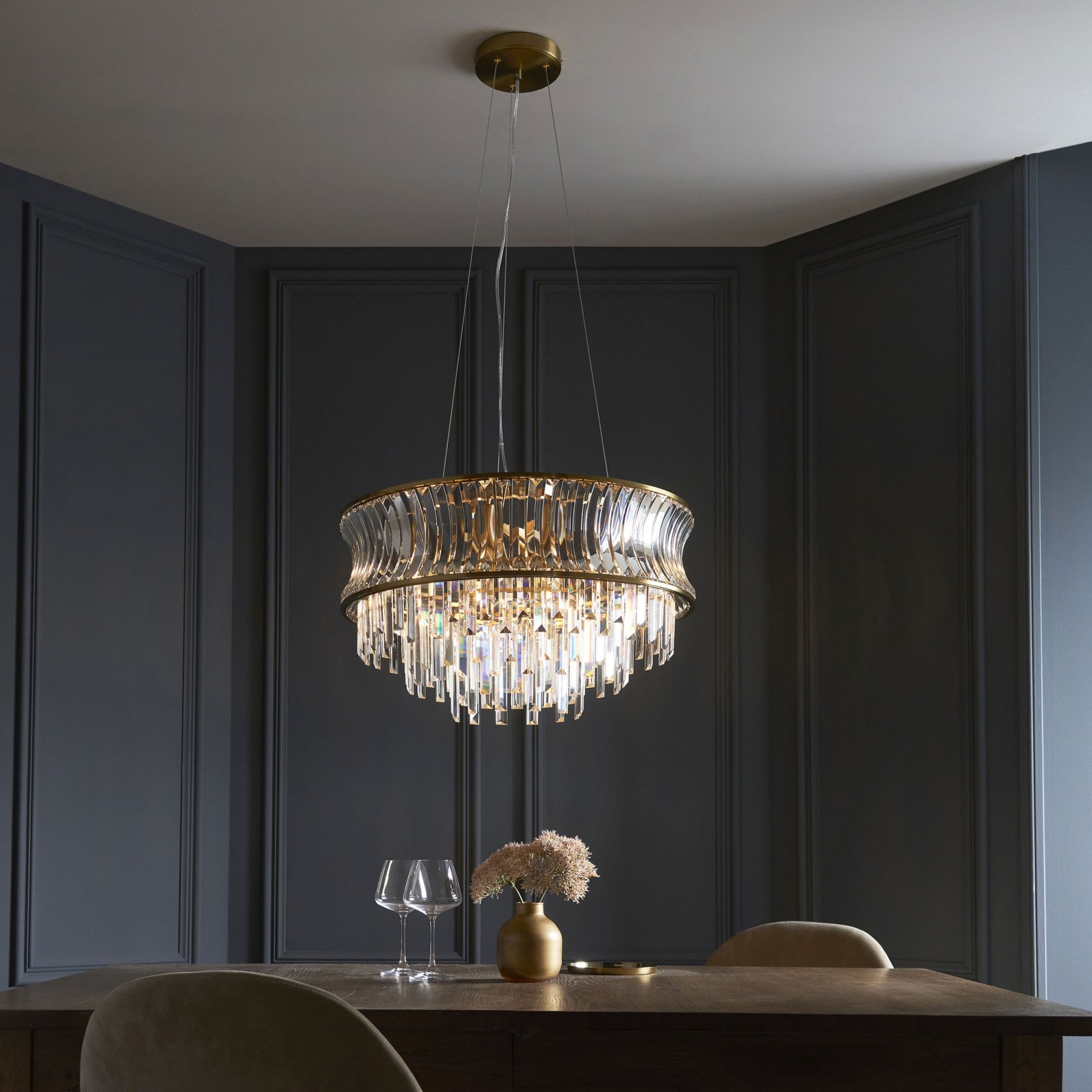 Roco 9 Light Tiered Crystal Pendant - Brass / Nickel