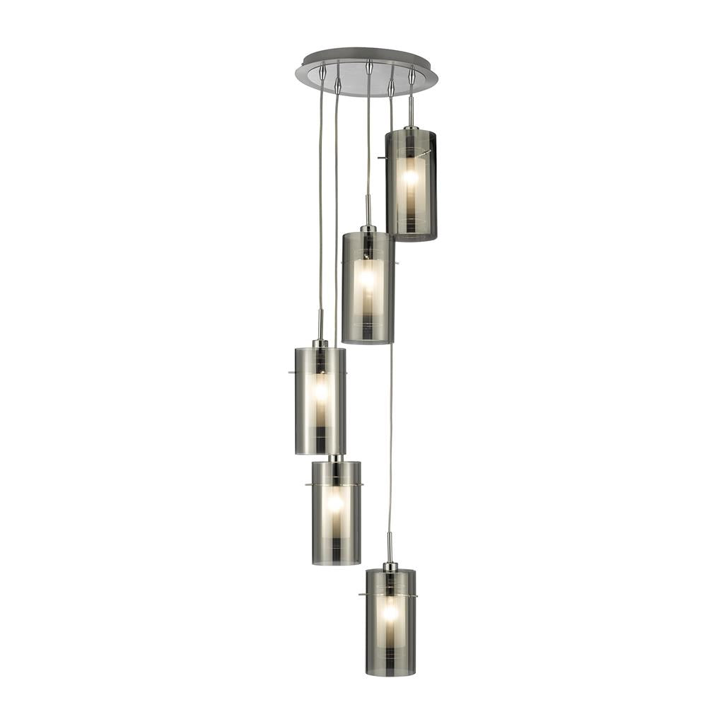 Duo 3/5lt Adjustable Height, Dimmable Multi-drop Pendant - Satin Silver Metal & Glass/Smoked Glass