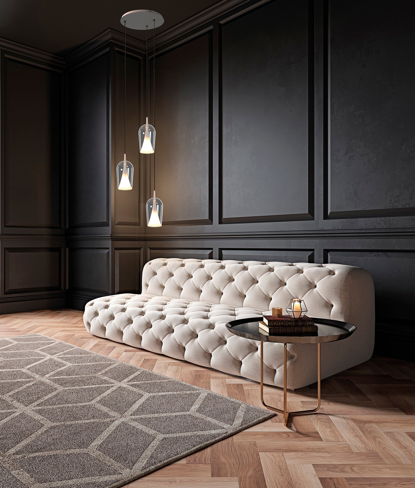 Elsa Pendant With Mixed Shades, 5 Light E27, Clear/Chrome/Bronze/Copper Glass With Frosted Inner Cone, Gold Frame