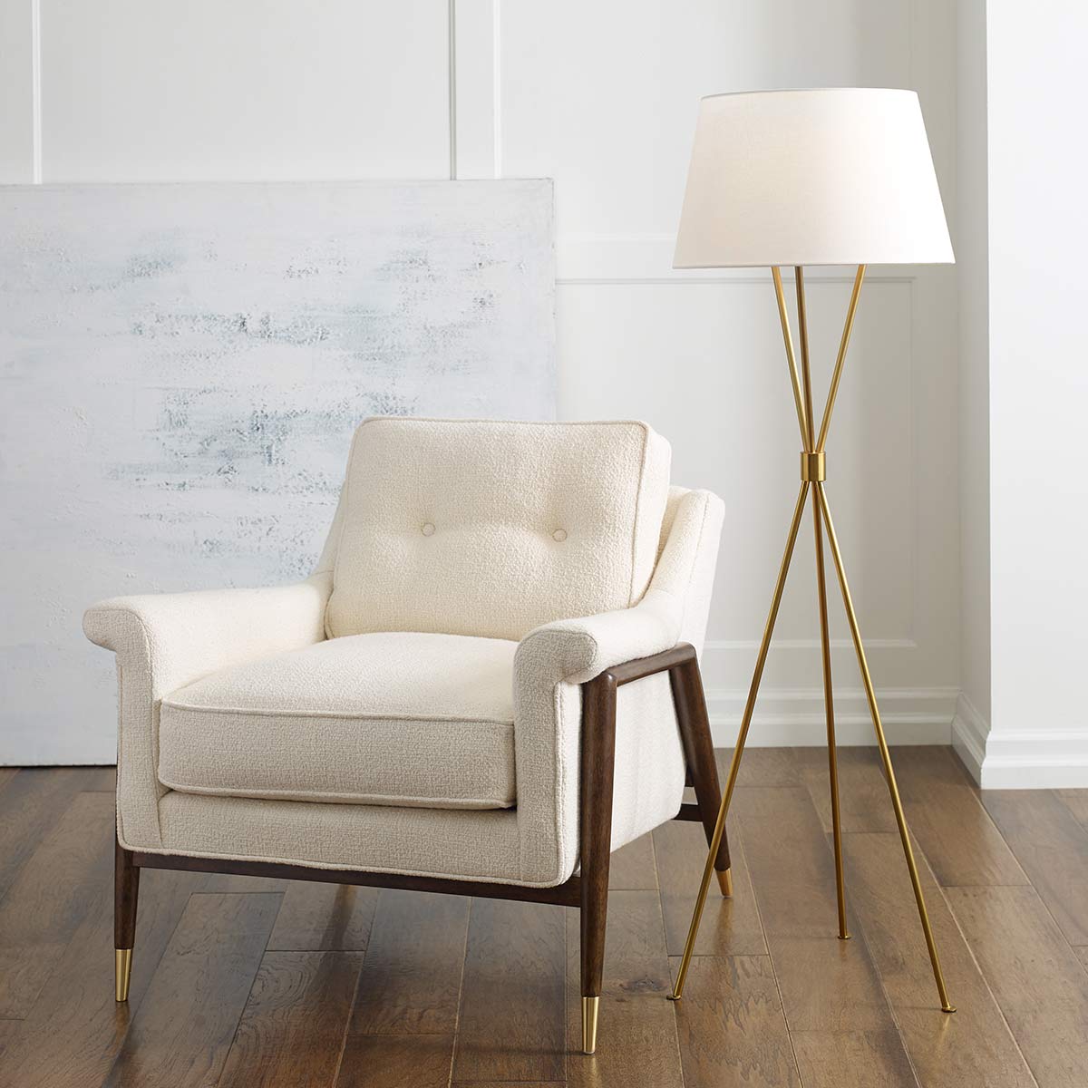 Penny 1 Light Floor Lamp - Aged Iron/Burnished Brass/Polished Nickel with White Shade E27