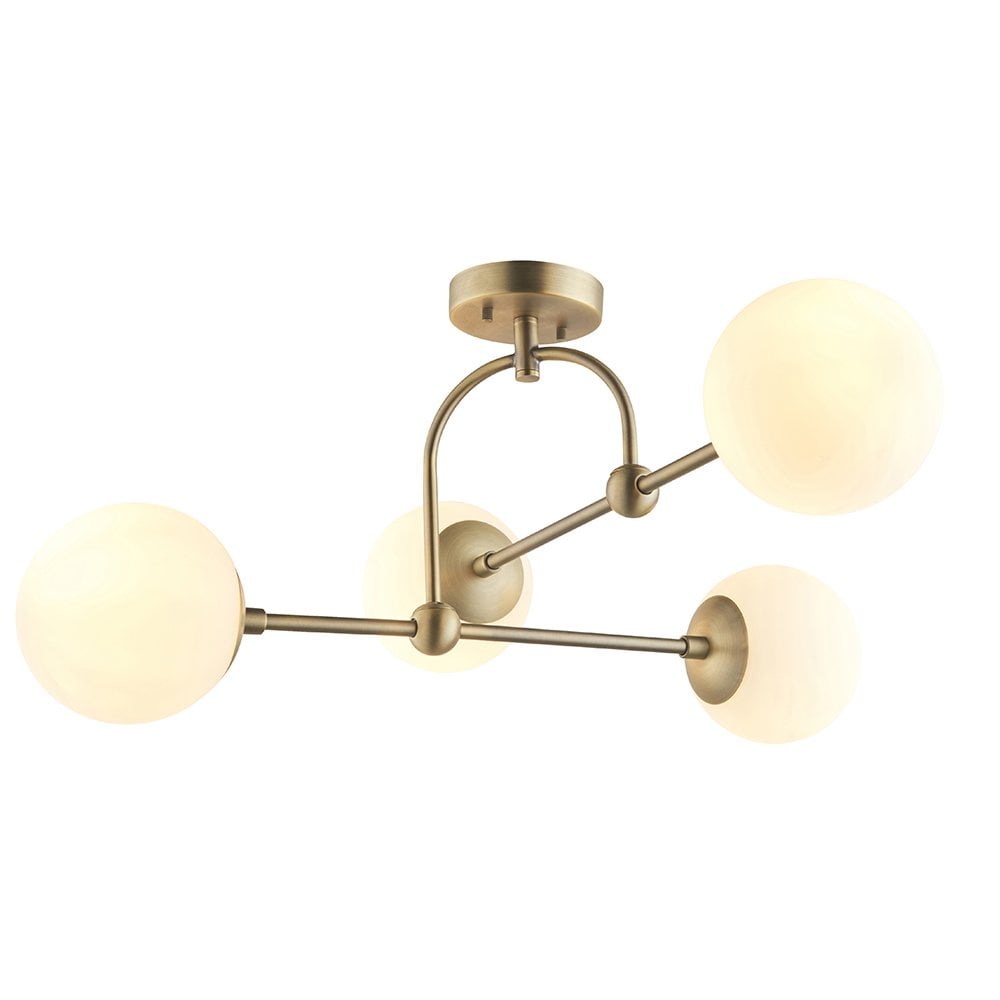 Halbrooke 4Lt Semi Flush - Antique Brass & Opal Finish - Cusack Lighting