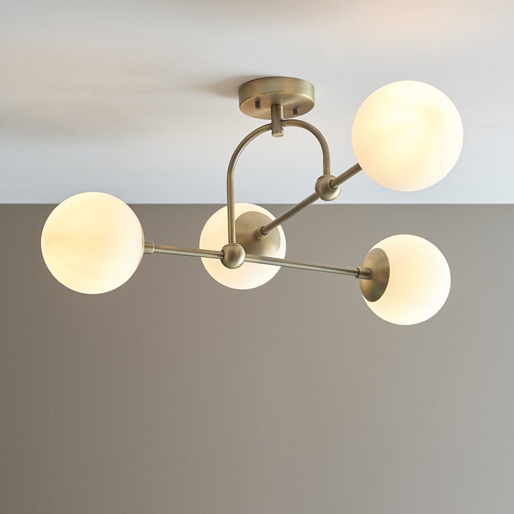 Halbrooke 4Lt Semi Flush - Antique Brass & Opal Finish - Cusack Lighting
