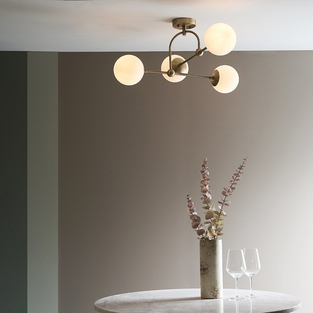 Halbrooke 4Lt Semi Flush - Antique Brass & Opal Finish - Cusack Lighting
