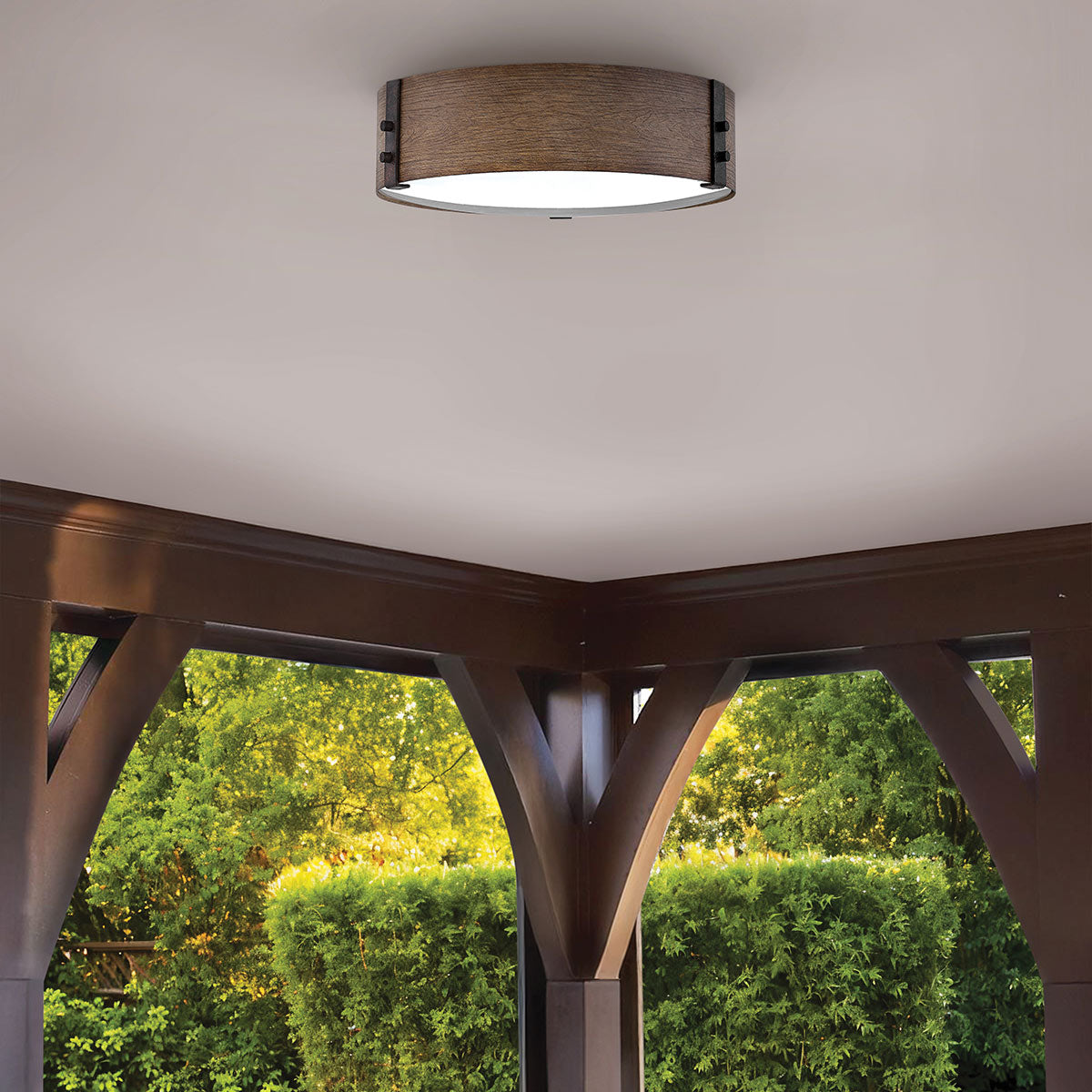 Hinkley Sawyer Flush Ceiling Light - Sequoia wood effect with rust Iron accents  IP44 E14